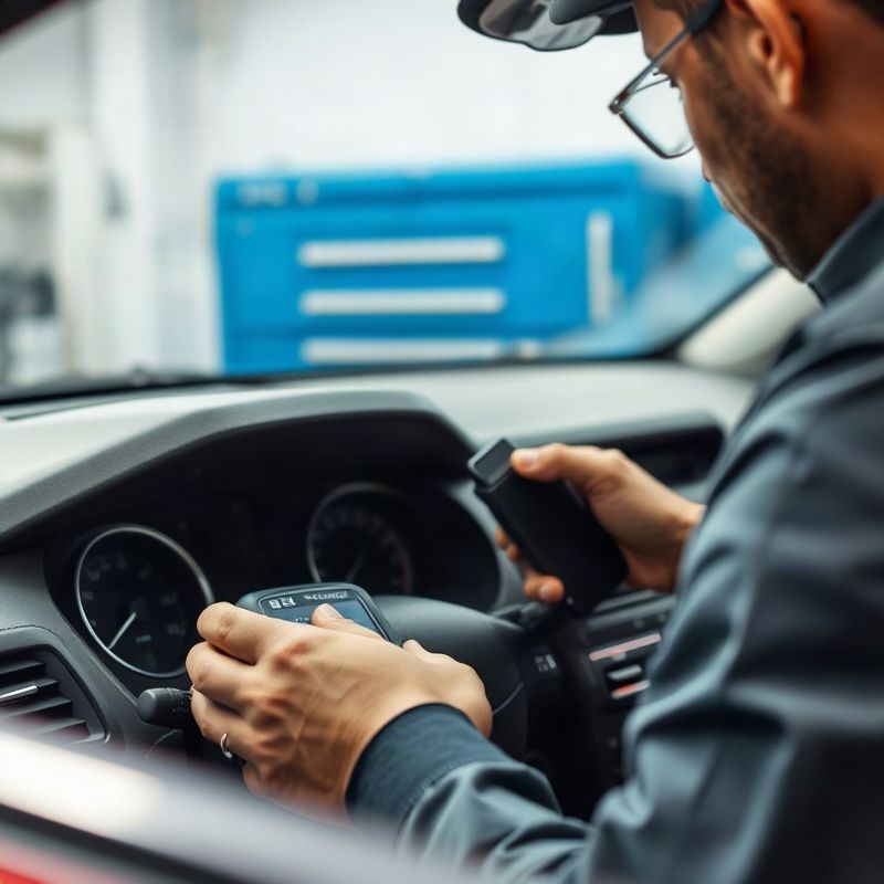 Mecânico conectando scanner OBD-II ao painel do carro na oficina Maplejourneyz