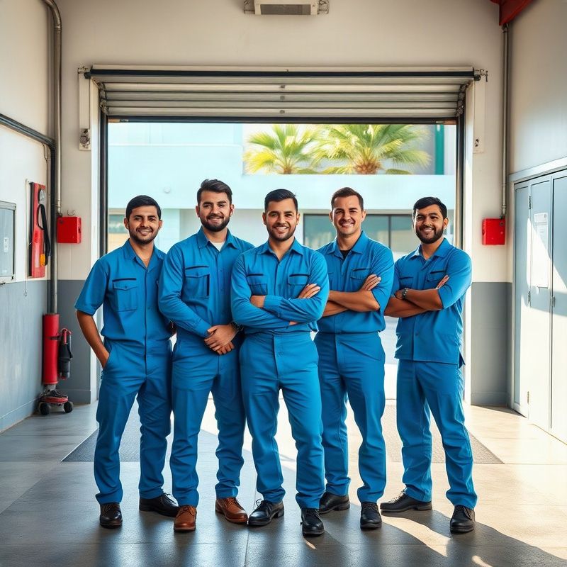 Equipe da Maplejourneyz com uniformes azul azure em frente à oficina em Curitiba